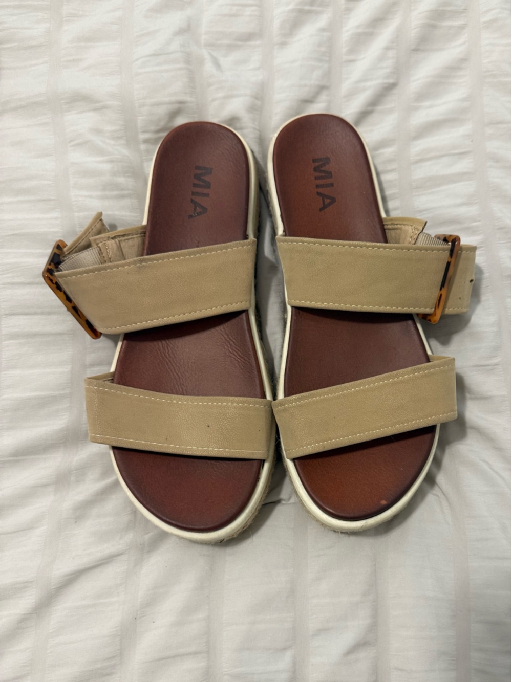MIA Tan Canvas Double-Strap Platform Sandals with Tortoiseshell Buckle